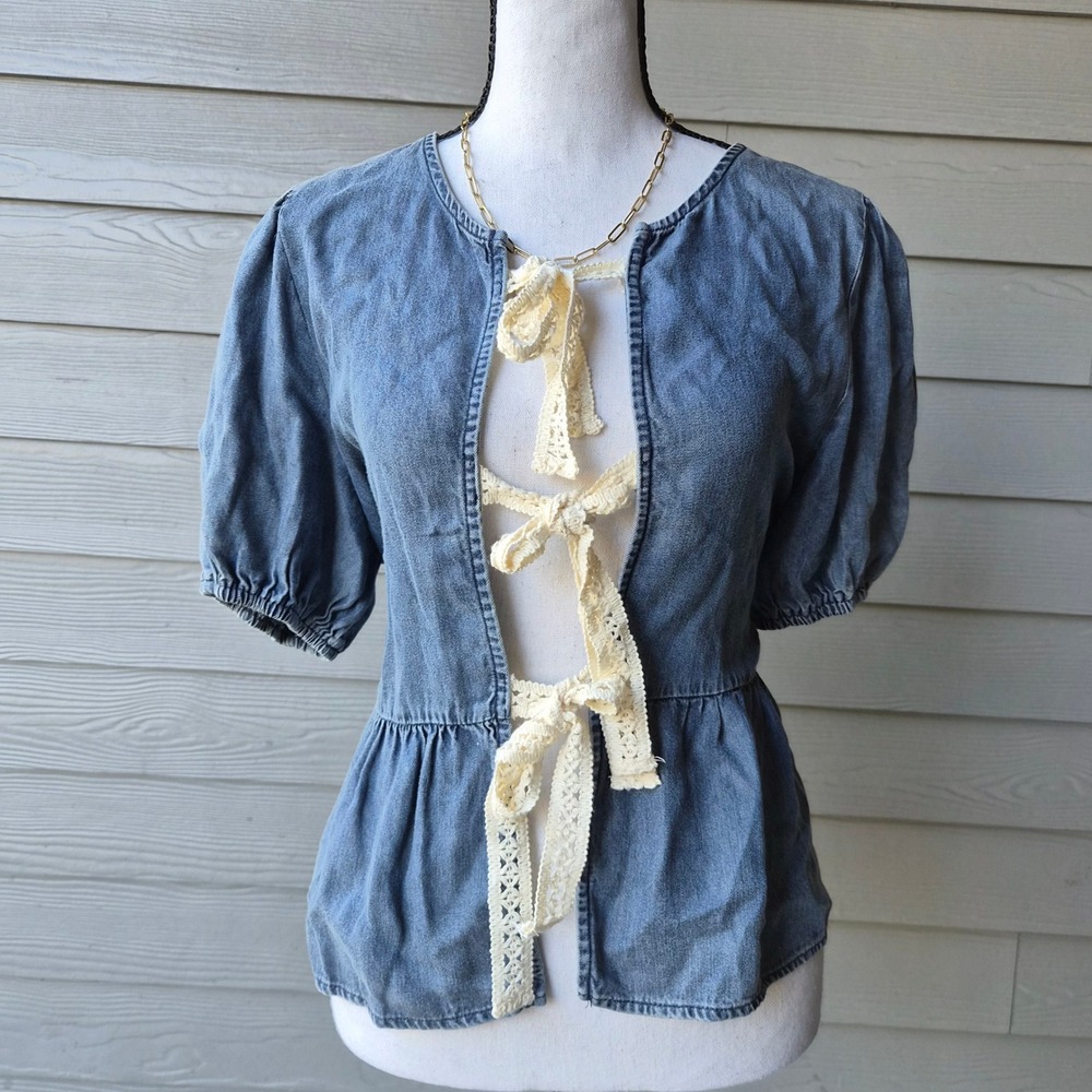 Wstern Denim Tie Front Top Womens Medium Coquette Cottagecore Boho Chic Country - Picture 1 of 8